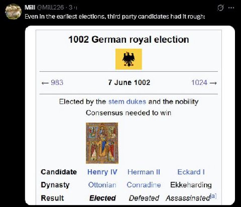 Mill Even in the earliest elections, third party candidates had it rough: 1002 German royal election 983 7 June 1002 1024 Elected the stem dukes and the nobility Consensus needed to win Candidate Непг