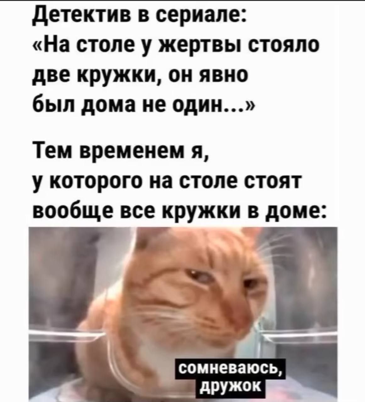 Детектив в сериале: «На столе у жертвы стояло две кружки, он явно был дома не один...» Тем временем я, у которого на столе стоят вообще все кружки в доме сомневаюсь, дружок