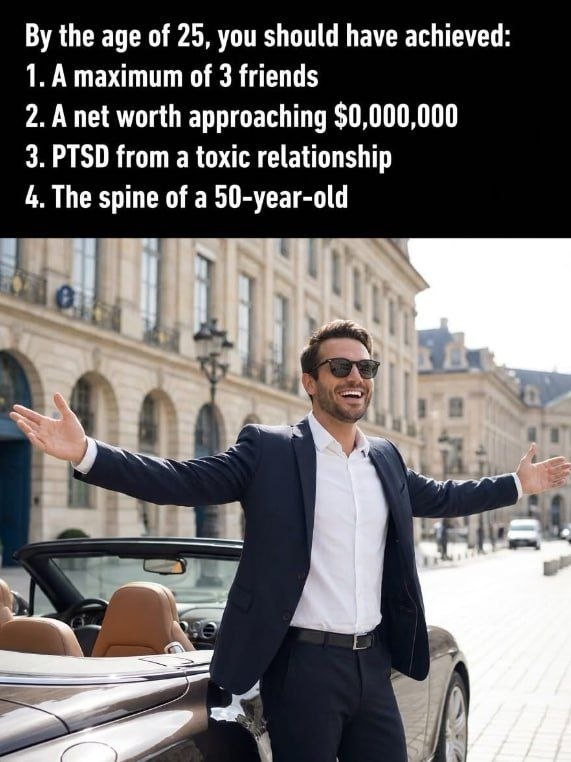 the age of 25, you should have achieved: 1. A maximum of 3 friends 2. A net worth approaching $0,000,000 3. PTSD from a toxic relationship 4. The spine of a 50-year-old
