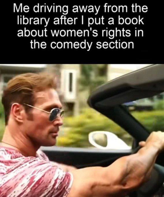 Me driving away from the library after put a book about women's rights in the comedy section