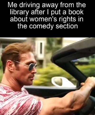 Me driving away from the library after put a book about women's rights in the comedy section