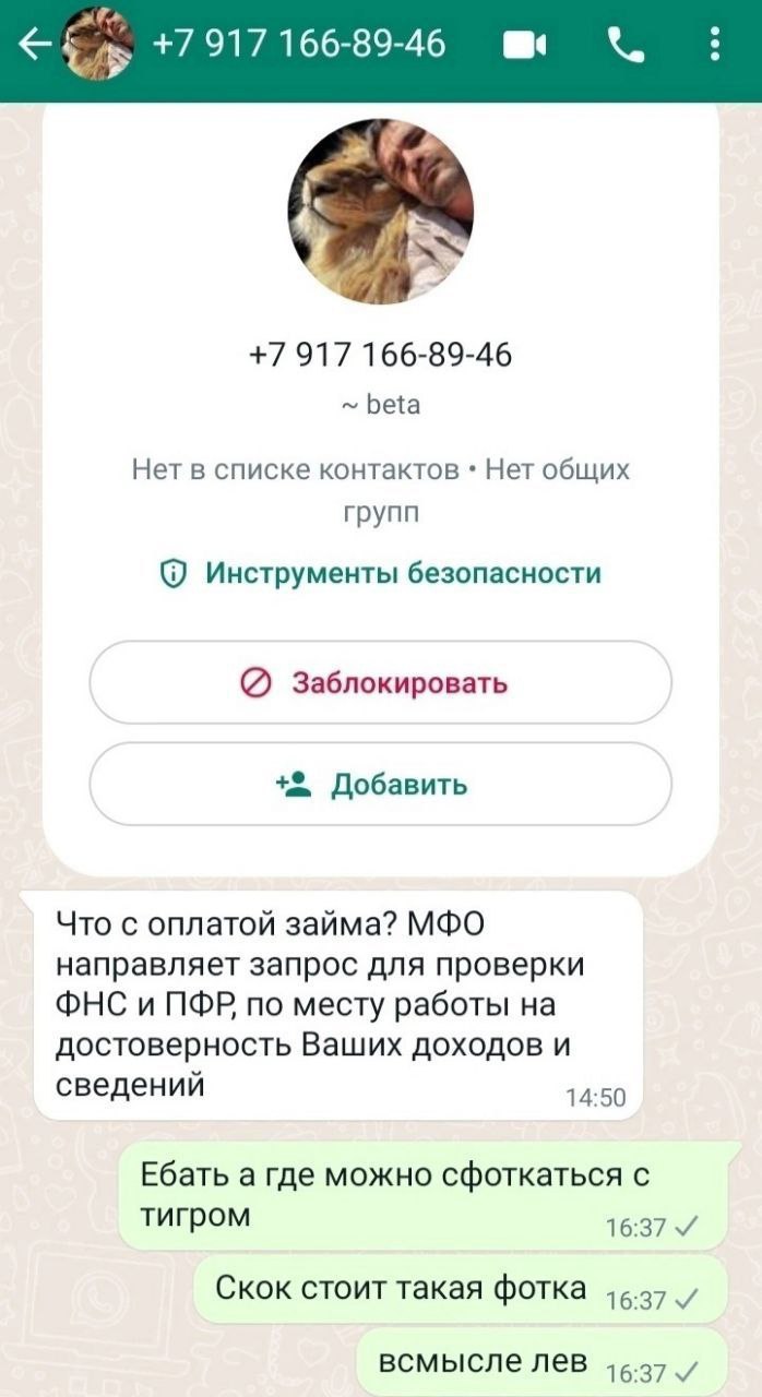 +7917 166-89-46 +7917 166-89-46 beta Нет в списке контактов Нет общих групп Инструменты безопасности Заблокировать +9 Добавить Что с оплатой займа? МФО направляет запрос для проверки ФНС и ПФР по мест