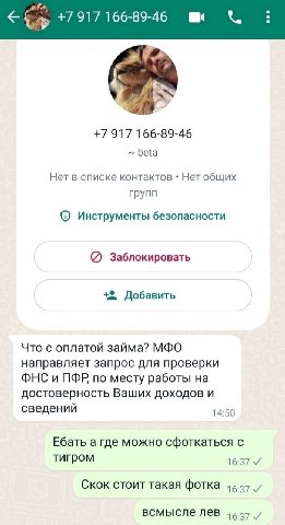 +7917 166-89-46 +7917 166-89-46 beta Нет в списке контактов Нет общих групп Инструменты безопасности Заблокировать +9 Добавить Что с оплатой займа? МФО направляет запрос для проверки ФНС и ПФР по мест