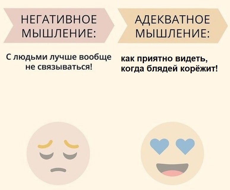 НЕГАТИВНОЕ АДЕКВАТНОЕ МЫШЛЕНИЕ: МЫШЛЕНИЕ: С людьми лучше вообще как приятно видеть, не связываться! когда блядей корёжит!