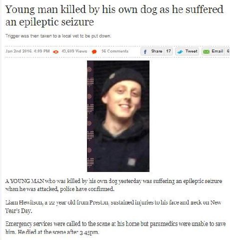 Young man killed his own dog as he suffered an epileptic seizure to a local vet put down Share 17 Tweet #3 Email 6 AYOUNG MAN who was killed his own dog yesterday was suffering an epileptic seizure wh
