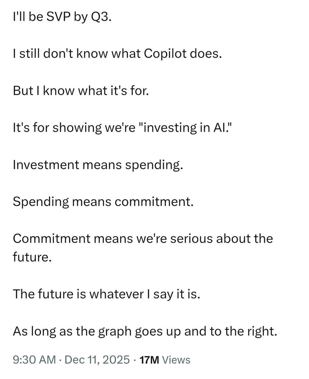 I'll be SVP still don't know what Copilot does. But know what it's for. It's for showing we're "investing in Investment means spending. Spending means commitment. Commitment means we're serious about 