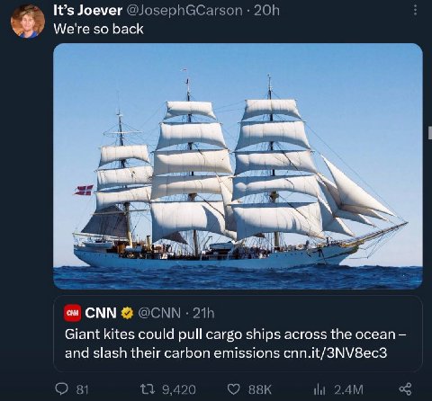 It’s Joever Мете so back a СММ Giant kites could pull cargo ships across the ocean and slash their carbon emissions