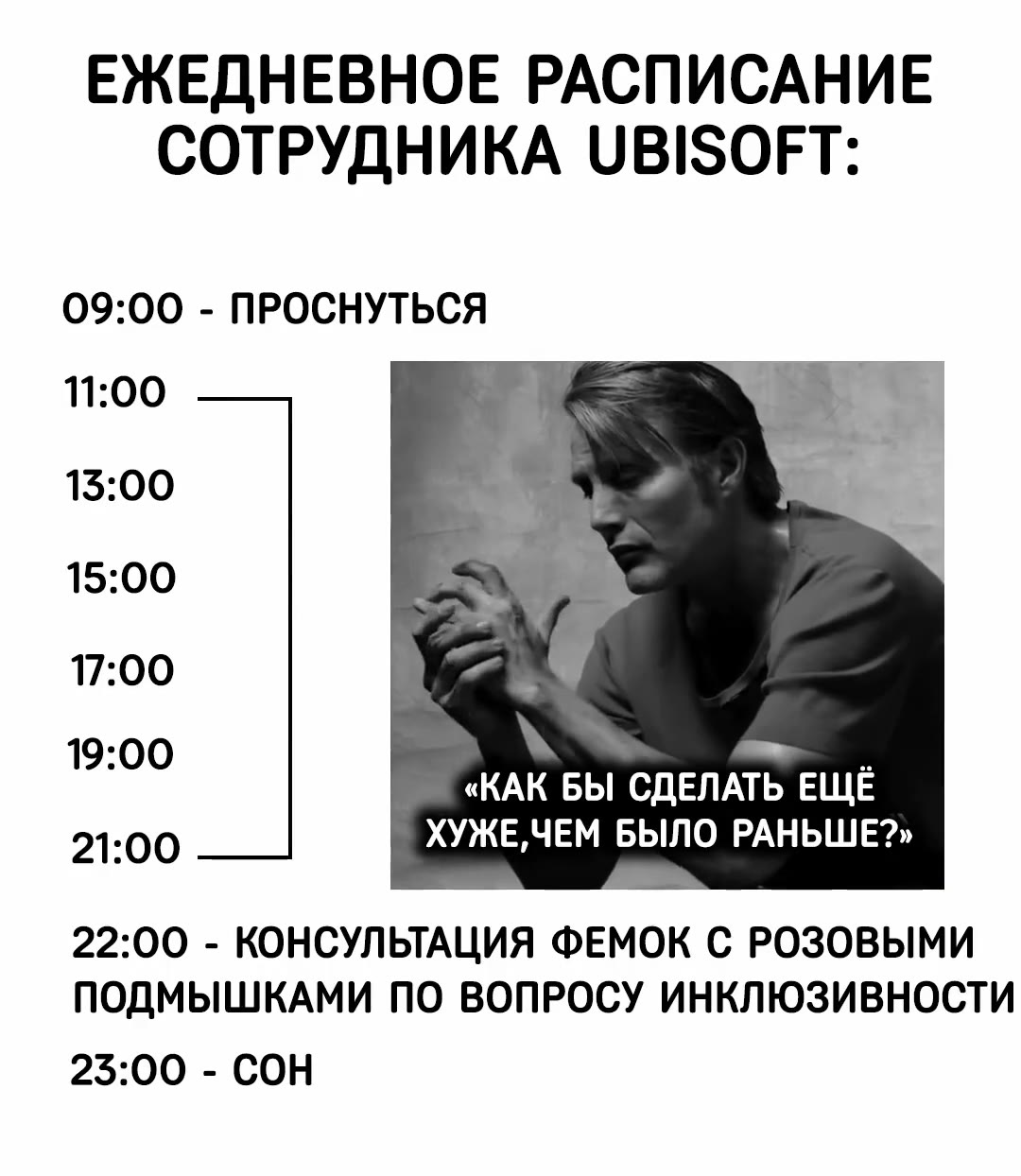 ЕЖЕДНЕВНОЕ РАСПИСАНИЕ СОТРУДНИКА UBISOFT: «КАК БЫ СДЕЛАТЬ ЕЩЕ 22:00 - КОНСУЛЬТАЦИЯ ФЕМОК С РОЗОВЫМИ ПОДМЫШКАМИ ПО ВОПРОСУ ИНКЛЮЗИВНОСТИ