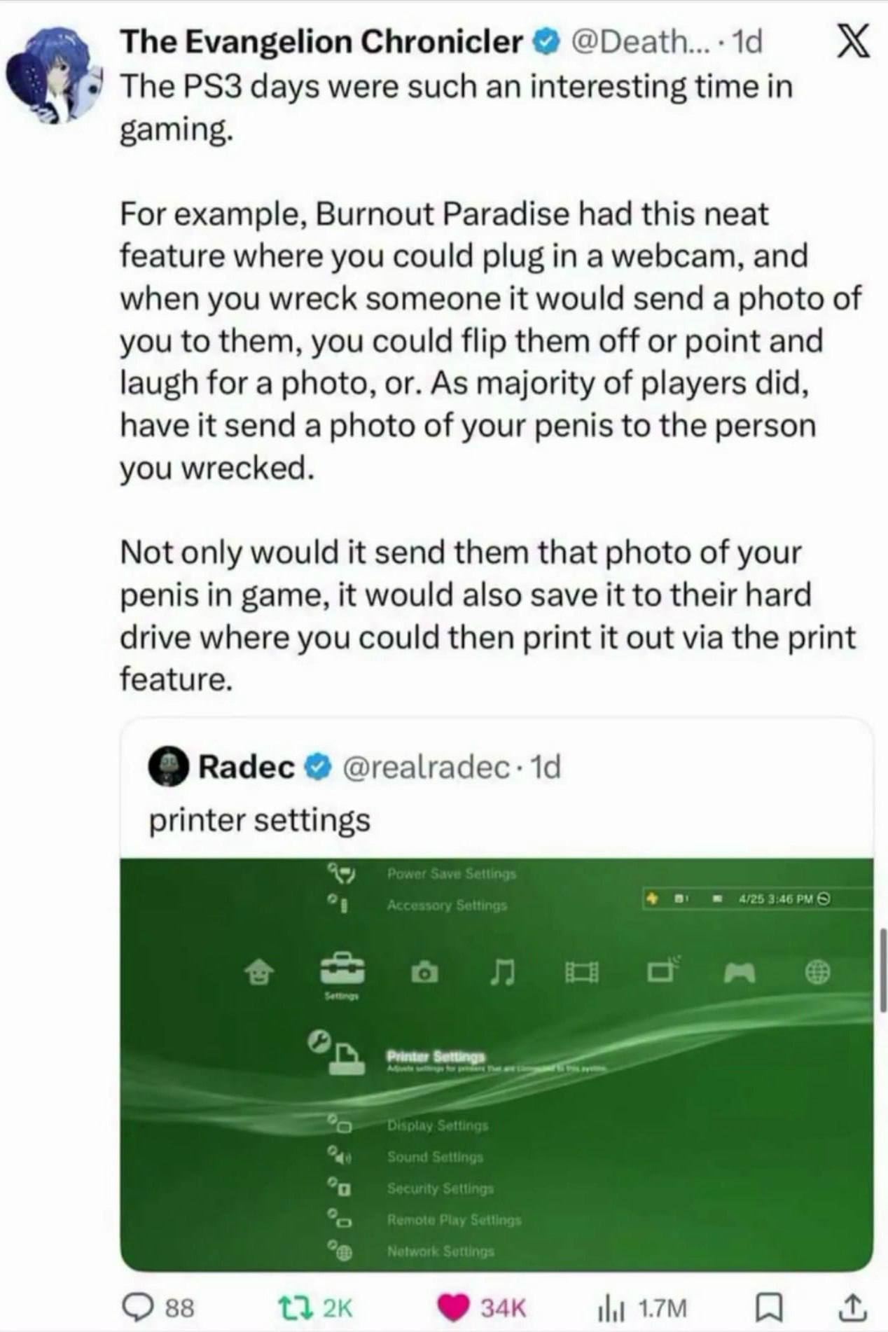 The Evangelion Chronicler @Death... 14 Тре days were such an interesting time gaming. For example, Burnout Paradise had this neat feature where you could plug in a webcam, and when you wreck someone i