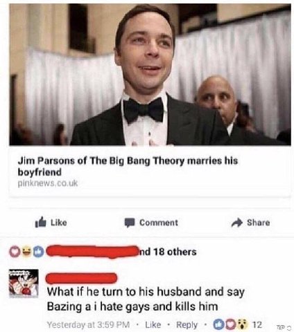 Jim Parsons of The Big Bang Theory marries his boyfriend Like Comment Share What if he turn to his husband and say Bazing hate gays and kills him Like Reply 12 про