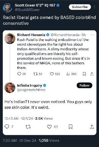 Scott Greer 6’2” 187 subscribe @ScottMGreer Racist liberal gets owned BASED colorblind conservative в» Richard Hanania Kash Patel is the walking embodiment of the worst stereotypes the far right has a