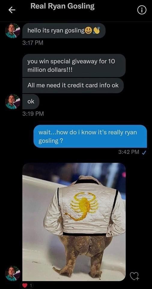 Real Ryan Goslin у Из ryan gosling® you win special giveaway for 10 million dollars!!! All me need it credit card info wait...how i know it's really ryan gosling И у 2