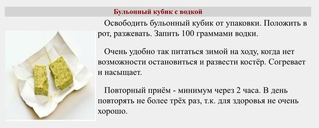 Бульонный кубик с водкой Освободить бульонный кубик от упаковки. Положить в рот, разжевать. Запить 100 граммами водки. Очень удобно так питаться зимой на ходу, когда нет возможности остановиться и раз