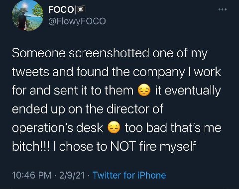 РОСО @FlowyFOCO Someone screenshotted one of my tweets and found the company work for and sent it to them it eventually ended up on the director of desk too bad that's me bitch!!! chose to NOT fire my