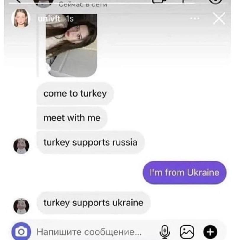 Сейчас в cen вет or come to turkey meet with me turkey supports russia from Ukraine turkey supports ukraine Напишите сообщение... {0
