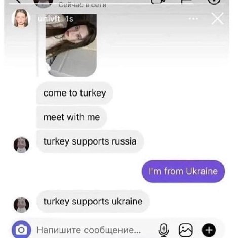 Сейчас в cen вет or come to turkey meet with me turkey supports russia from Ukraine turkey supports ukraine Напишите сообщение... {0