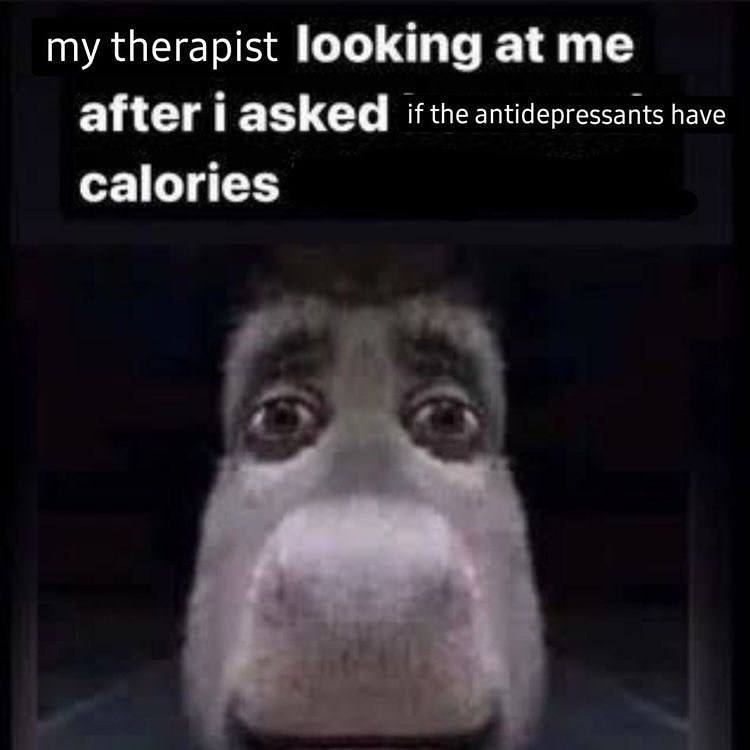 my therapist looking at me after asked if the antidepressants have calories