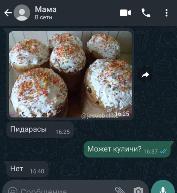 Мама В сети 25 25 Пидарасы 16:25 Может куличи? Нет 16:40