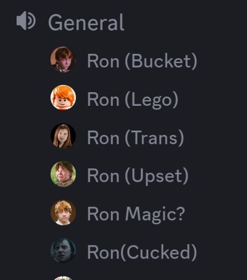 4) General Ron (Bucket) Ron (Lego) Ron (Trans) Ron (Upset) Ron Magic? Ron(Cucked)