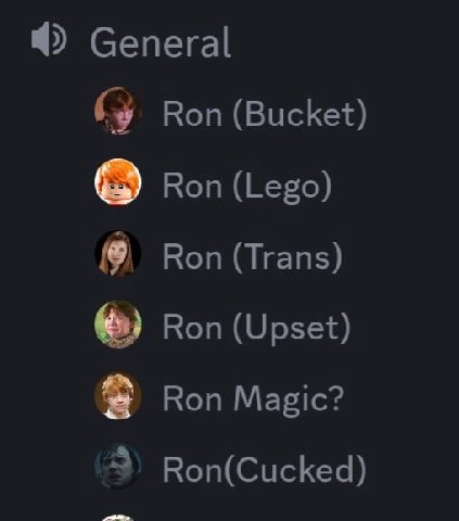 4) General Ron (Bucket) Ron (Lego) Ron (Trans) Ron (Upset) Ron Magic? Ron(Cucked)