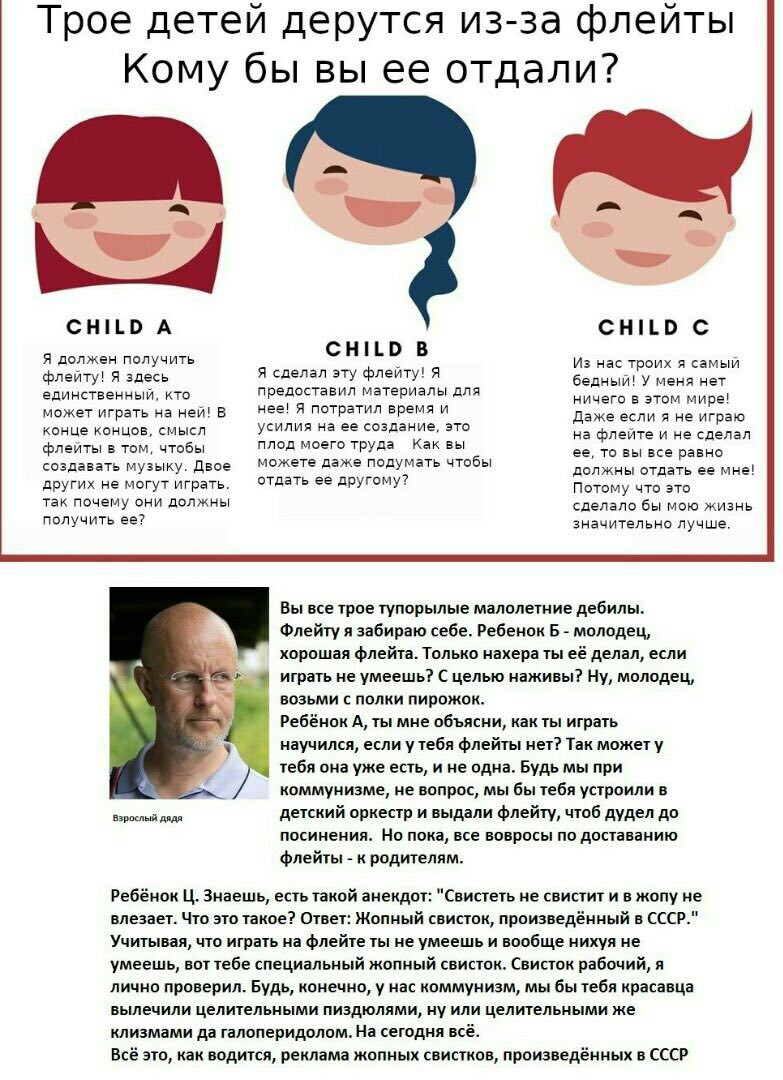 Трое детей дерутся из-за флейты Кому бы вы ее отдали? CHILD CHILD Я должен получить Из нас троих я самый Я сделал эту флейту! Я флейту! Я здесь бедный! У меня нет единственный, кто предоставил материа