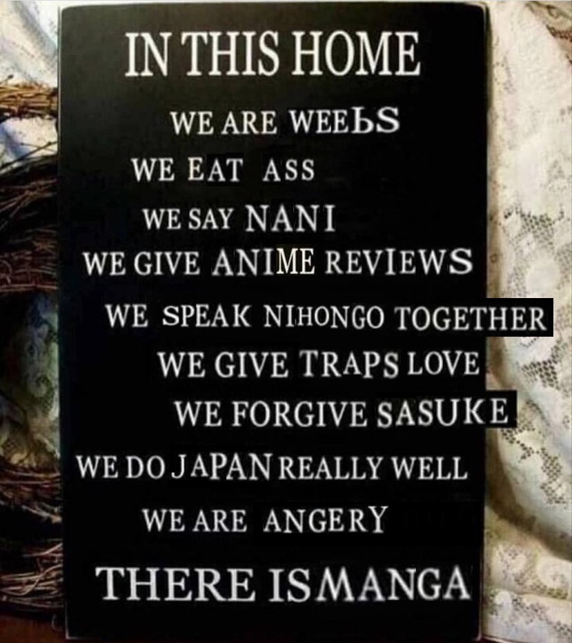 IN THIS HOME WE ARE WEEbS WE EAT ASS WE SAY NANI WE GIVE ANIME REVIEWS WE SPEAK NIHONGO TOGETHER WE GIVE TRAPS LOVE WE FORGIVE SASUK WE JAPAN REALLY WELL WE ARE ANGERY ISMANGA