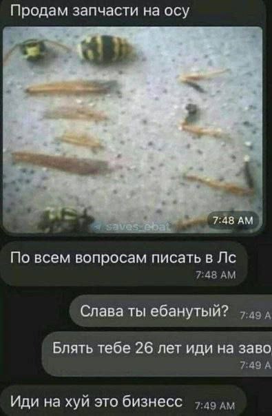 Продам запчасти на осу 7:48 По всем вопросам писать в 7:48 Слава ты ебанутый? ›.дэл Блять тебе 26 лет иди на заво 7:49 А Иди на хуй это бизнесс