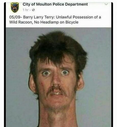 City of Moulton Police Department 05/09- Barry Larry Terry: Uniawful Possession of a Wild Racoon, No Headlamp on Bicycle