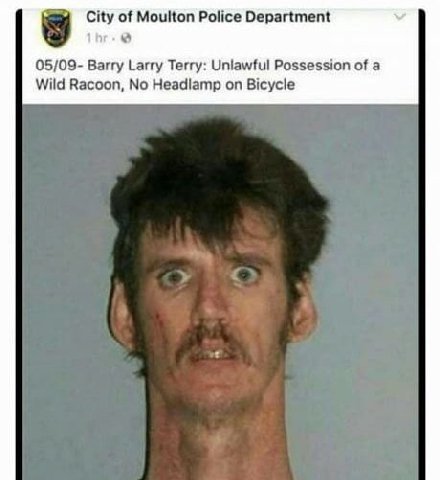 City of Moulton Police Department 05/09- Barry Larry Terry: Uniawful Possession of a Wild Racoon, No Headlamp on Bicycle