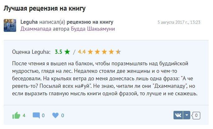Лучшая рецензия на книгу Leguha написал(а) рецензию на книгу 5 августа 2017 13:23 Дхаммапада автора Будда Шакьямуни Оценка Leguha: 3.5 44 жжжжхж После чтения я вышел на балкон, чтобы поразмышлять над 