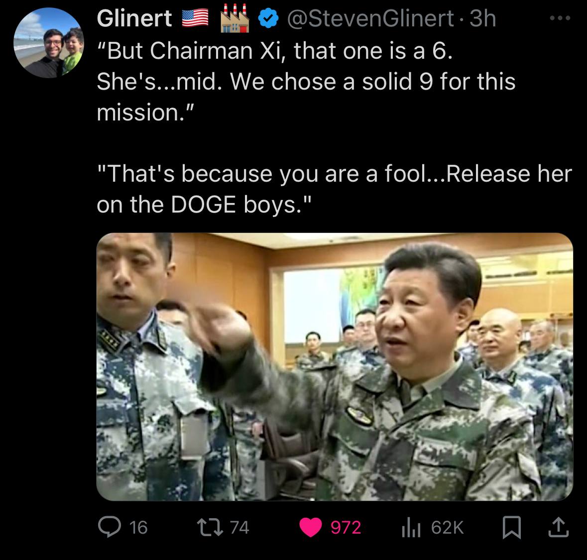 Glinert "But Chairman that one is a 6. She's...mid. We chose a solid 9 for this mission.” "That's because you are а fool...Release her on the DOGE boys." и a