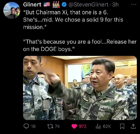 Glinert "But Chairman that one is a 6. She's...mid. We chose a solid 9 for this mission.” "That's because you are а fool...Release her on the DOGE boys." и a