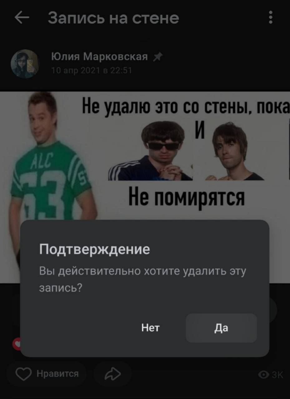 Запись на стене bez Юлия Марковская He удалю это стены, пока И ALE Не помирятся Подтверждение Вы действительно хотите удалить эту запись? Нет fla Нравится