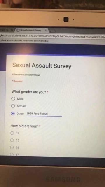 See on the bar Sexual Assault Survey What gender are you? С) мак Рыпаю 1999 Ford Focus How old are you?