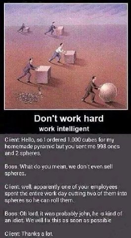 Don't work hard work intelligent Client: Hello, so ordered 1,000 cubes for my homemade pyramid but you sent me 998 ones and 2 spheres. Boss: What you mean, we don't even sell spheres. Client: well, ap