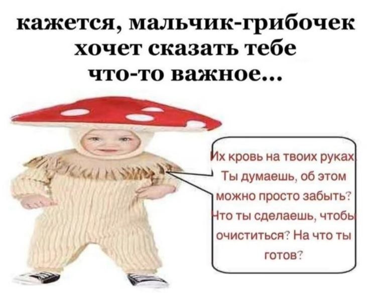 кажется, мальчик-грибочек хочет сказать тебе что-то важное. кровь на твоих руках Ты думаешь, об этом можно просто забыть? то ты сделаешь, чтобь очиститься? На что ты готов?