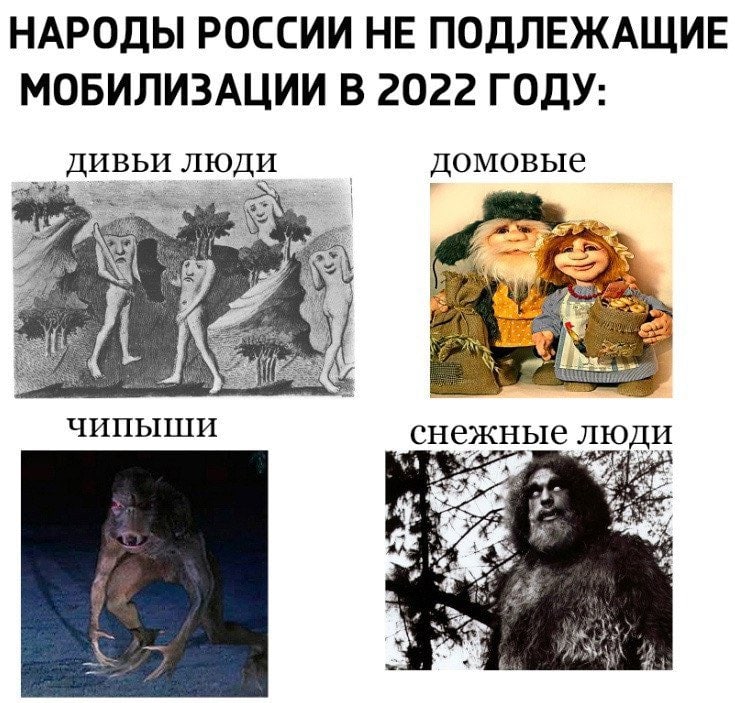 НАРОДЫ РОССИИ НЕ ПОДЛЕЖАЩИЕ МОБИЛИЗАЦИИ В 2022 ГОДУ: ДИВЬИ ЛЮДИ домовые У Я чипыши снежные люди