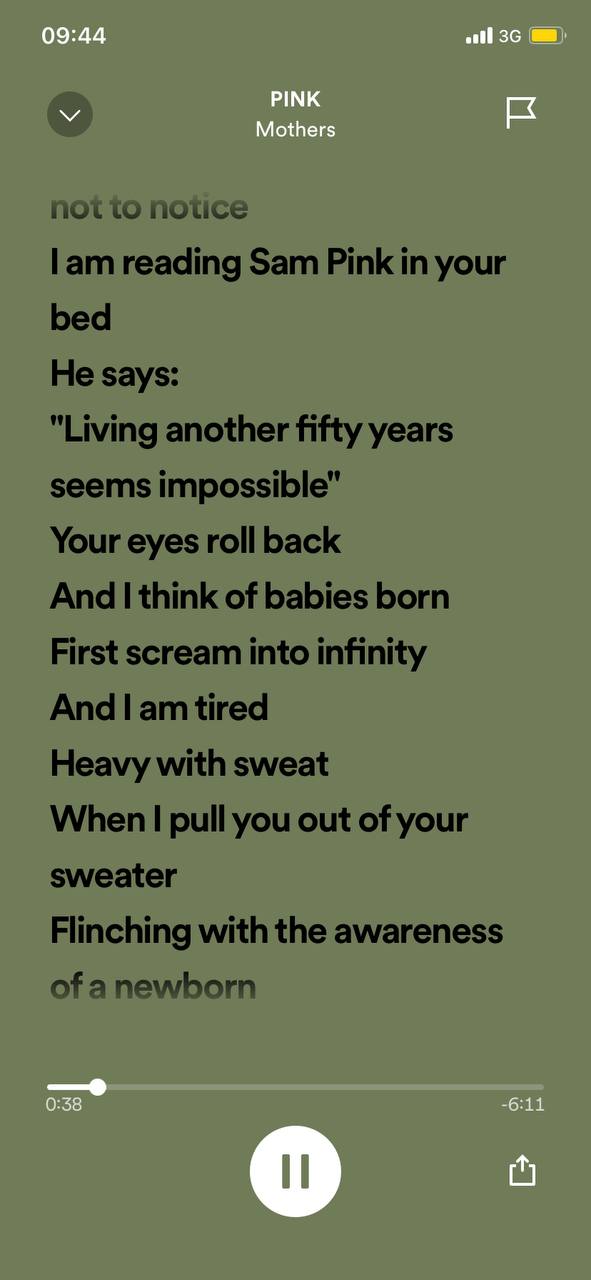 lam reading Sam Pink your bed He says: "Living another fifty years seems impossible Your eyes roll back And think of babies born First scream into infinity tired Heavy with sweat When pull you out of 