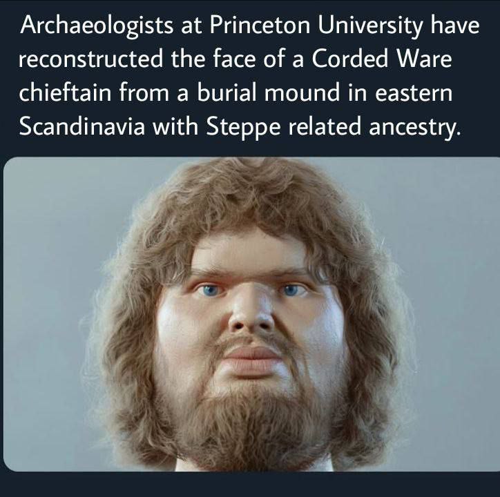 Archaeologists at Princeton University have reconstructed the face of a Corded Ware chieftain from a burial mound in eastern Scandinavia with Steppe related ancestry. и Я