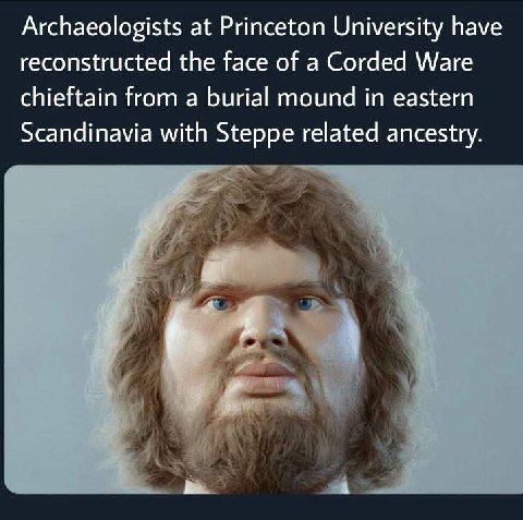 Archaeologists at Princeton University have reconstructed the face of a Corded Ware chieftain from a burial mound in eastern Scandinavia with Steppe related ancestry. и Я