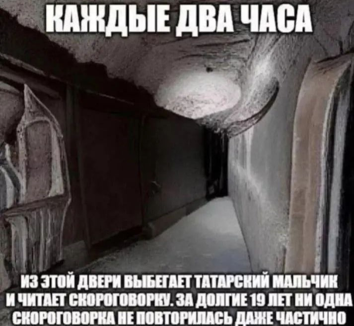 КАЖДЫЕ ДВА ЧАСА ИЗ ЭТОЙ ДВЕРИ ВЫБЕГАЕТ ТАТАРСКИЙ МАЛЬЧИК И ЧИТАЕТ СКОРОГОВОРКУ. ЗА ДОЛГИЕ 19 ЛЕТ НИ ОДНА СКОРОГОВОРКА НЕ ПОВТОРИЛАСЬ ДАЖЕ ЧАСТИЧНО