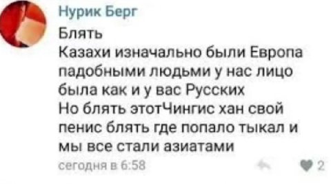 Нурик Берг Блять Казахи изначально были Европа падобными людьми у нас лицо была как вас Русских Но блять этотЧингис хан свой пенис блять где попало тыкал и мы все стали азиатами сегодня в 6:58