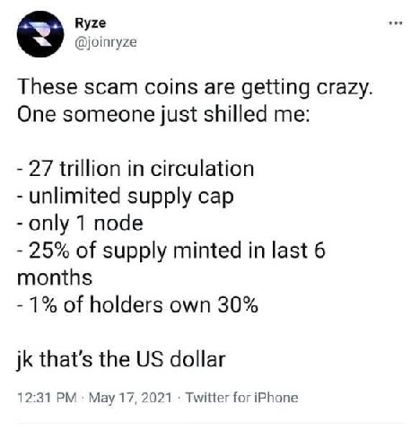 Ryze @joinryze These scam coins are getting crazy One someone just shilled me: 27 trillion in circulation unlimited supply cap only 1 node 25% of supply minted in last 6 months 1% of holders own 30% t