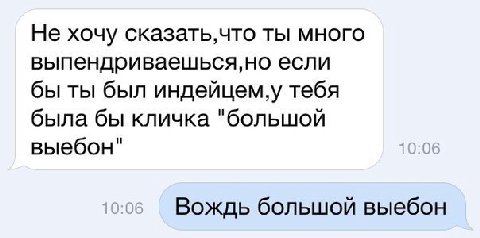 Не хочу сказать,что ты много выпендриваешься,но если бы ты был индейцем,у тебя была бы кличка "большой выебон" 10:0 Вождь большой выебон