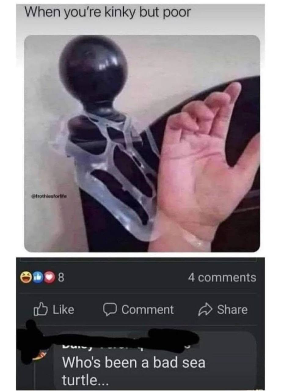 When you're kinky but poor 4 comments Like Comment Share Who's been ‘а bad sea turtle...
