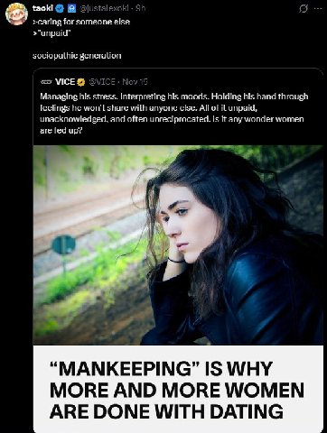 taoki я >caring for someone else >"unpaid" sociopathic generation Managing his stress. Interpreting his moods. Holding his hand through feelings he won't share with anyone else. All of it unpaid, unac