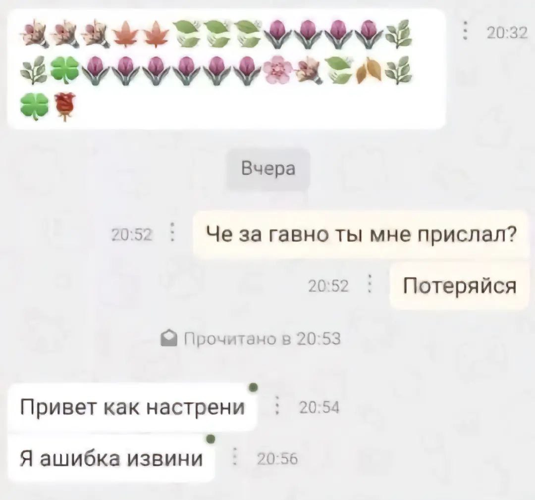20:32 Вчера 20:52 Че за гавно ты мне прислал? 20:52 Потеряйся Прочитано в 20:53 Привет как настрени 20:54 Я ашибка извини 20:56