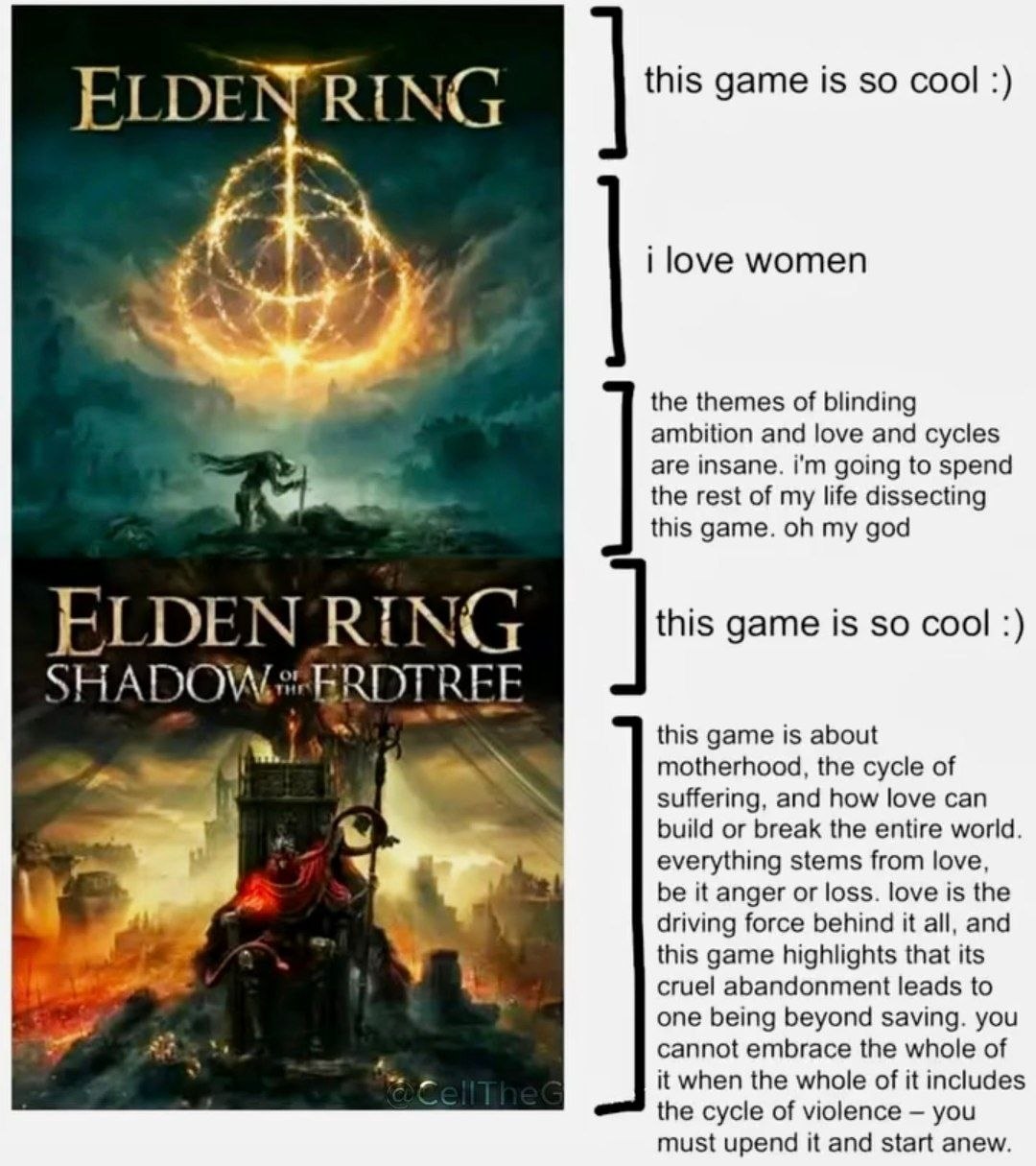 this дате is so cool RING i love women the themes of blinding ambition and love and cycles are insane. going to spend the rest of my life dissecting this game. my god ELD RING this game is so cool SHA