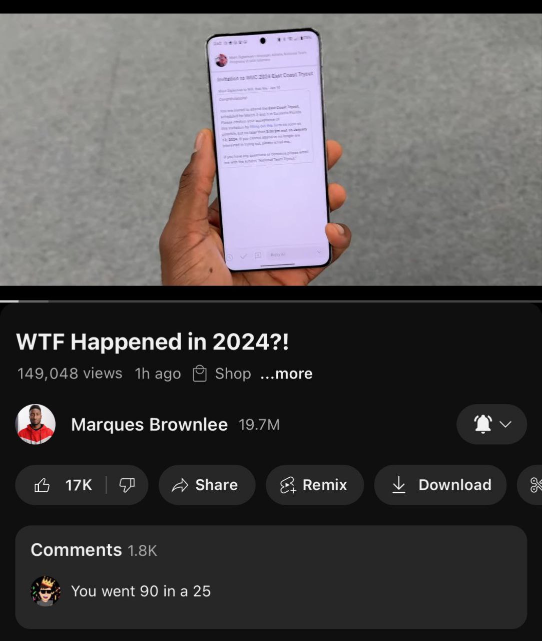 а WTF Happened 2024?! 149,048 views ago Shop ...more я Marques Brownlee A> Share $3 Remix Download Comments 1.8К You went 90 in a 25