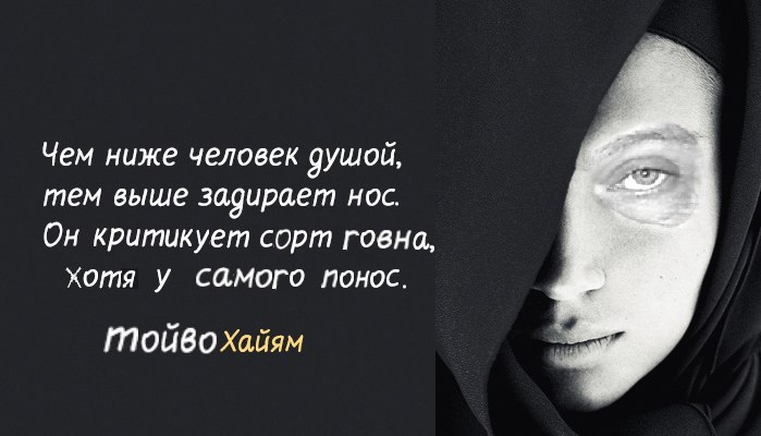 Чем ниже человек душой, тем выше задирает нос. Он критикует сорт говна, хотя у самого понос. Тойво Хайям